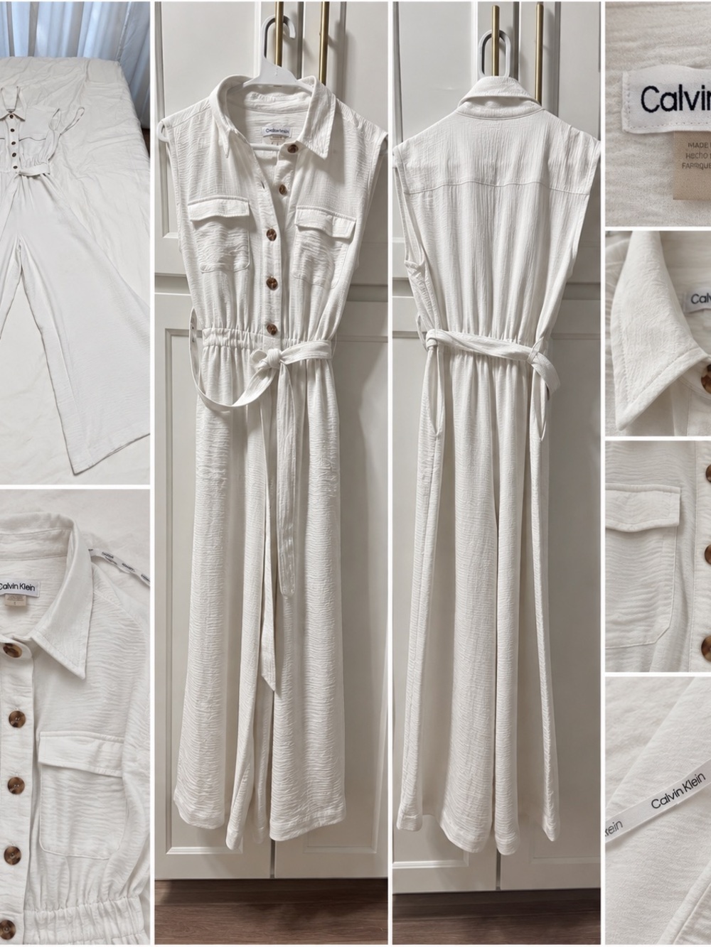 Calvin Klein White Sleeveless Button-Front Maxi Jumpsuit